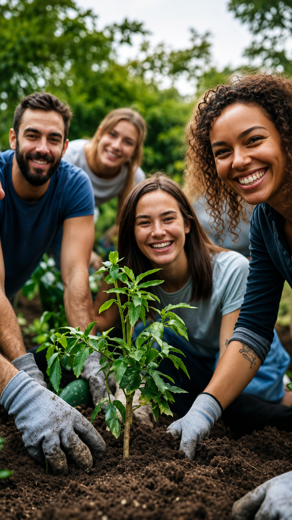 A group planting a young tree together