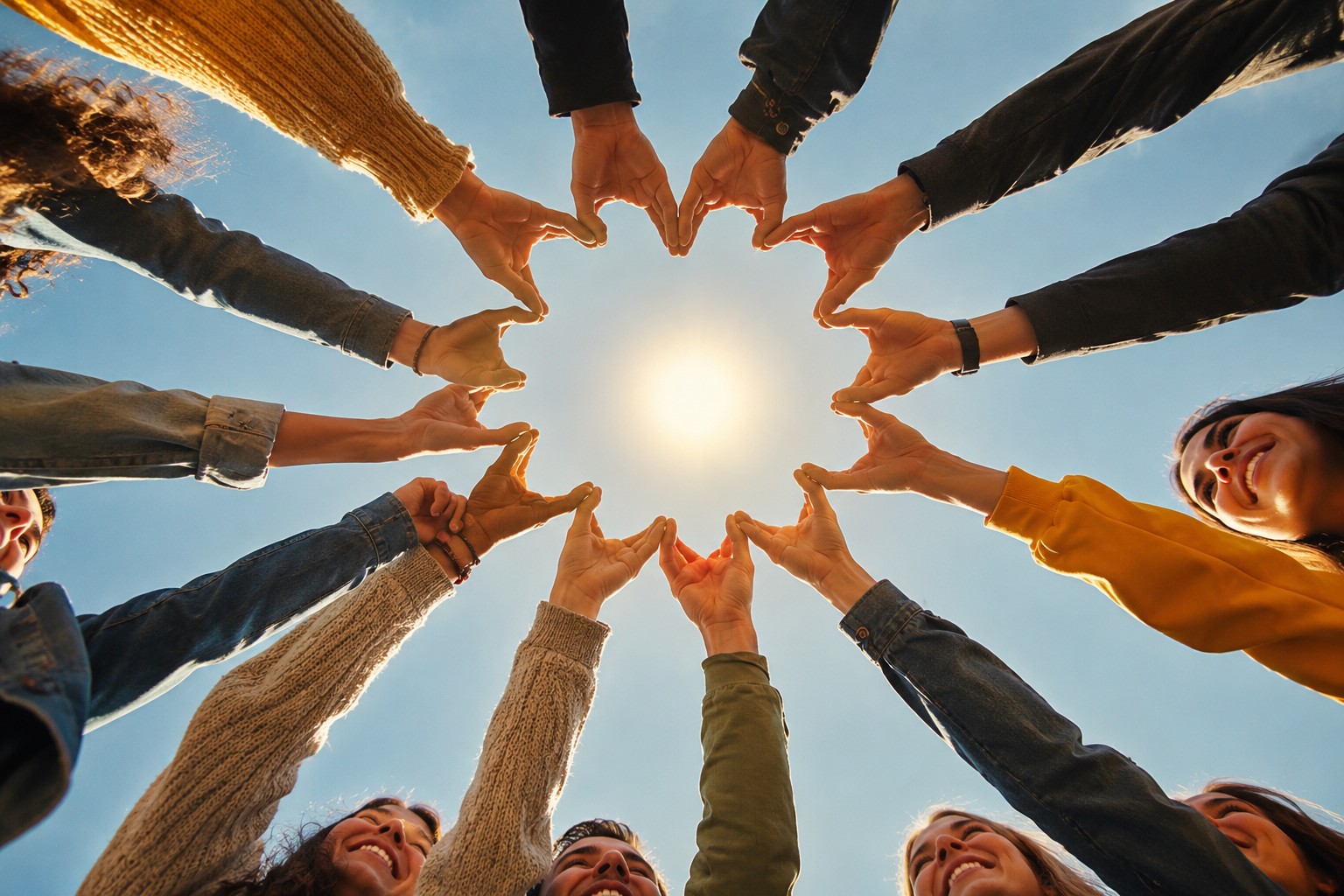 A circle of friends reaching their hands together toward the sun